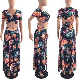 2 Piece Floral Dress V Neck and High Split Maxi Skirt Set